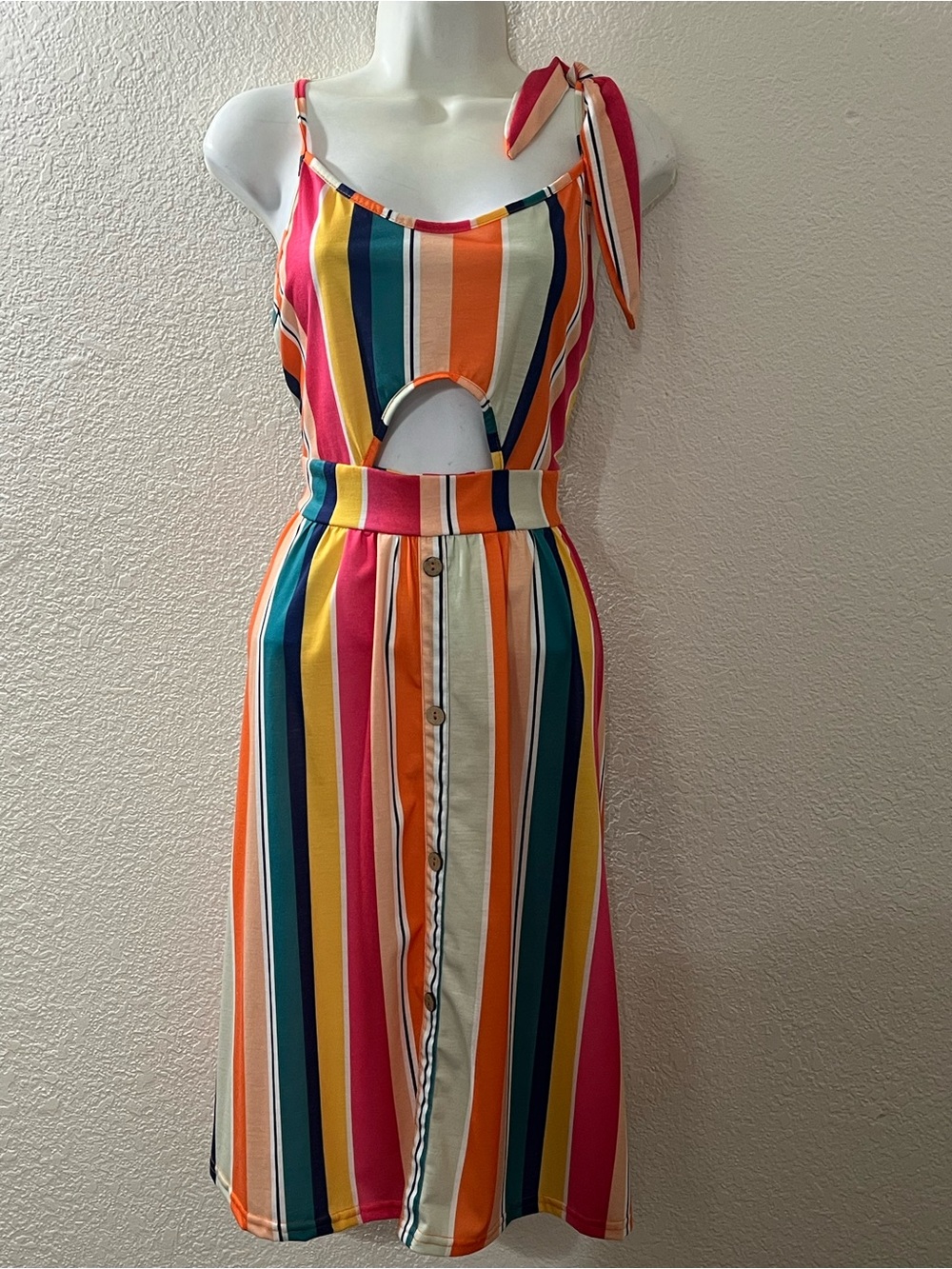 Striped Cutout Midi Dress with Tie Shoulder - Pink, Orange, Yellow